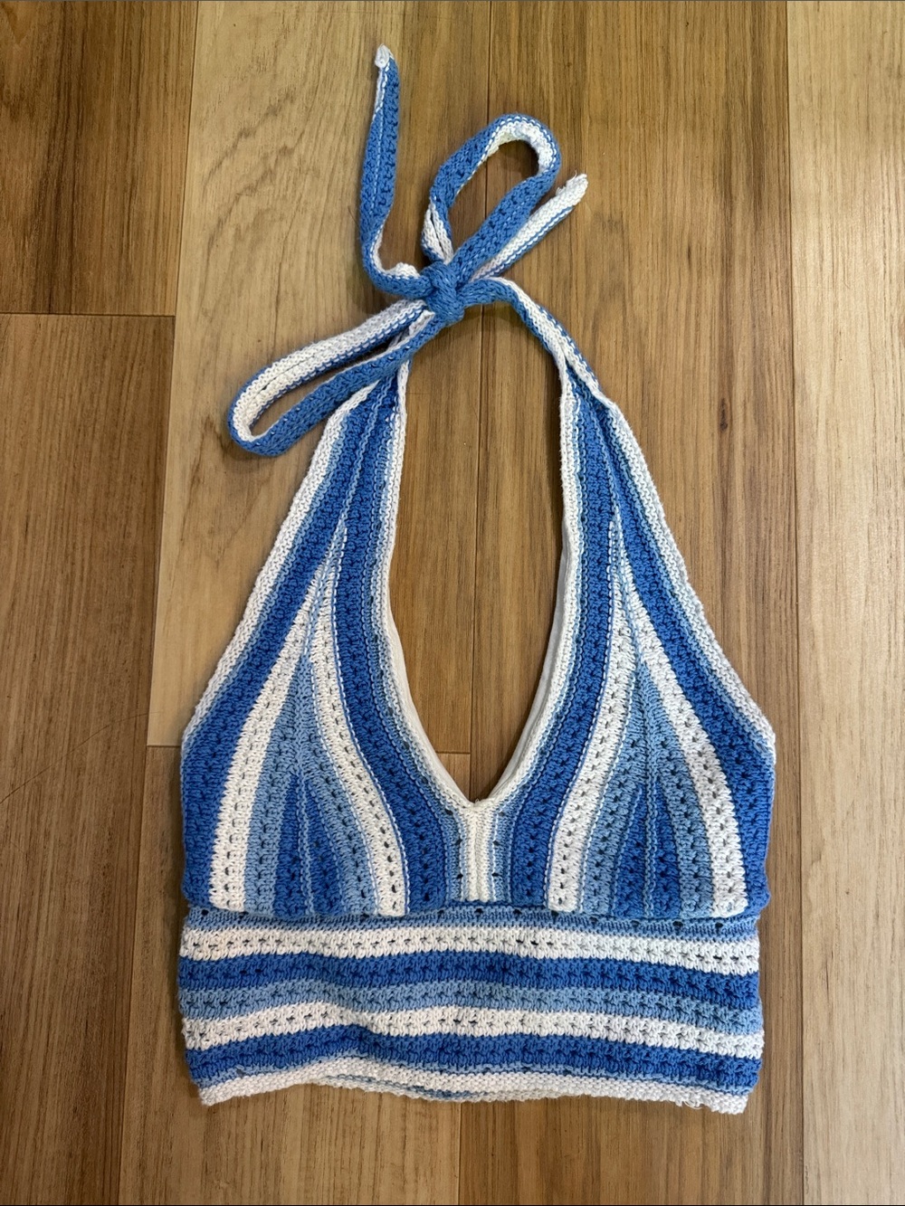 Hollister Blue and White Striped Crochet Halter Crop Top